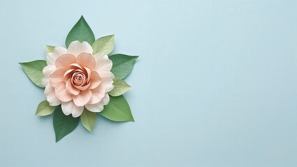 Wall Mural - Elegant arrangement of paper blossoms and foliage on a soft blue backdrop with room for writing