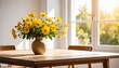 © akhmad - Sunlit Yellow Flowers in Vase on Wooden Table