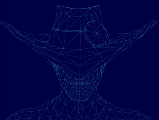 Poster - A low polygonal wireframe man wears a cowboy hat with geometric details. The stylized 3D figure stands against a solid blue background. Angular edges create a modern digital aesthetic.