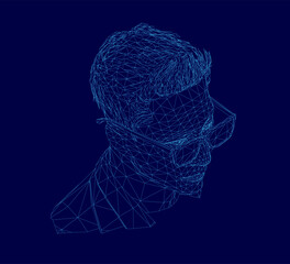 Poster - A low polygonal wireframe portrait of a man's face features intricate geometric lines and shapes. The design has a modern digital aesthetic with a striking blue background.