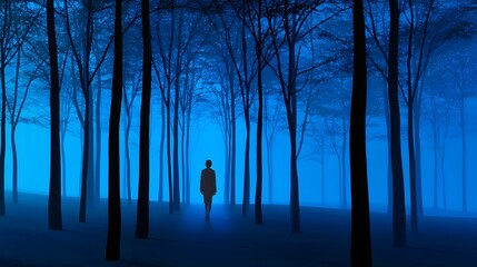 Wall Mural - Mysterious Silhouette Walking Through Misty Blue Forest at Dusk