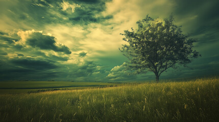Wall Mural - green field and blue sky. field and clouds