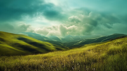 Wall Mural - green field and blue sky. field and clouds