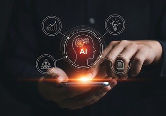 Person using smartphone with ai and technology network interface