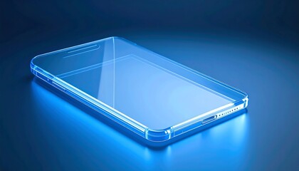Transparent smartphone on a dark blue surface, subtly illuminated from below