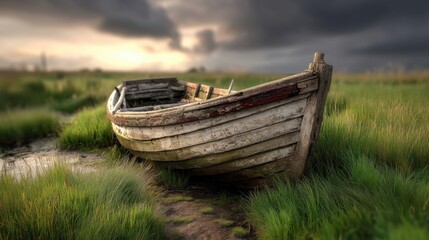  Old wooden boat resting on grassy marshland under a cloudy sky with dramatic weather