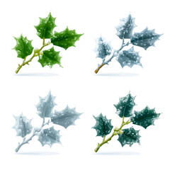 Mine Simple flat 2D icon of a holly branch with frost set isolated on a transparent background, vector, flat design, animation design, simple flat 2D icon, minimalist design, clipart, illustration