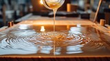 Pouring epoxy resin stream onto wooden table surface, golden transparent liquid creating flowing patterns, clear viscous material, woodworking craft, furniture making detail