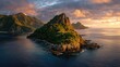 © Girindra - Lush island at sunrise. Aerial view of a tropical island with dramatic clouds and golden light