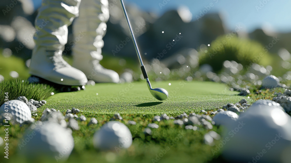 Putting Scene Golfer prepares to take shot lush green putting surface surrounded by ...