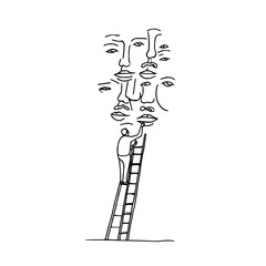 Poster - illustration of man on ladder painting faces, surreal art concept, creative expression, line art dra