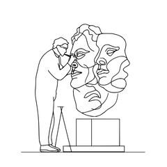 Poster - sculptor creating a face sculpture line art illustration showcasing artistic expression and craftsma