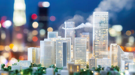 Detailed model of city skyline with illuminated buildings and blurred lights in background creates vibrant urban atmosphere