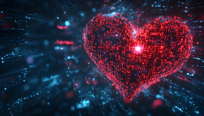 Glowing digital heart made of red code streams, binary data. Futuristic, abstract design represents connection, love, technology, AI. Vibrant electronic graphic with glowing particles in cyberspace