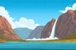 © rcf - Scenic landscape of mountains, a waterfall, and a calm lake.
