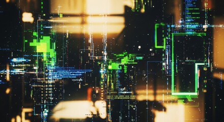 an abstract, digital landscape with bright green and orange glitched data, lines, and code on a dark