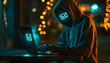 © Oleksiy - Anonymous hacker in hoodie using laptop with glowing email icon and digital message progress bar on dark background, symbolizing cyber communication