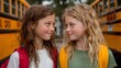 © patiporn - Two young schooirls with backpacks stand facing each other near school buses on a bright sunny day.