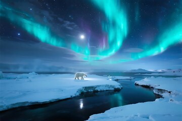 Wall Mural - Northern lights glowing in the night sky near the moon over the ocean