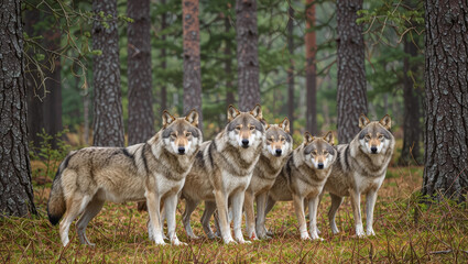 Majestic wolf pack stands alert in a serene forest wilderness, capturing nature's raw beauty and primal essence