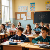Dzieci siedzące w ławkach podczas lekcji