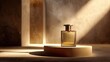 © nurlela - Golden perfume bottle on beige podium