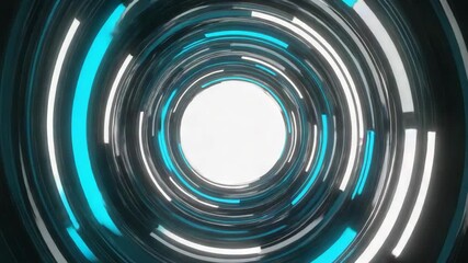Poster - Bright neon circles are spinning and creating a futuristic tunnel effect with a glowing center, ideal for technology or science fiction backgrounds