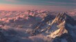 © Tarakan - High-altitude view of snow-capped mountains shrouded in pink clouds at sunset