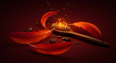 Poster - Still life composition featuring red feathers, a brush with sparks, and dark textured fragments
