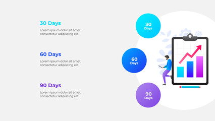 Wall Mural - detailed infographic illustration showing a timeline with 30, 60, and 90-day progress indicators acc
