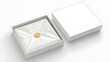 © Atallal Annas - Mockup Open white square gift box with tissue paper and gold seal.