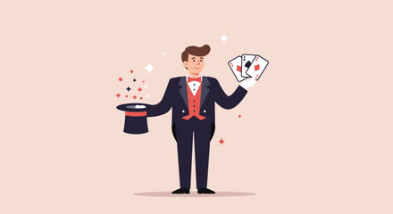Magician showing cards near hat, with sparkles. Event promo use