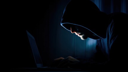 Night coding scene: developer in hoodie working on glowing laptop in dark room with rim light