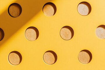 Aufkleber - Minimal grid of round wooden coins on clean yellow background, geometric pattern with strong shadow, modern abstract design, bright and playful mood
