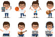 © Briliana - A set of cartoon illustrations featuring a young man with glasses engaged in various activities like playing music, sports, using technology, and creating art.