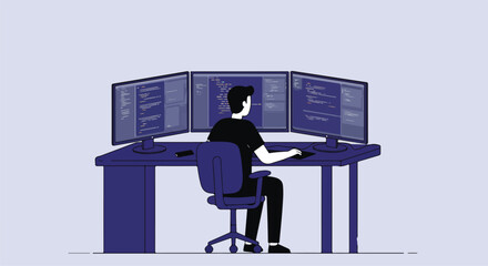 Man coding on multiple screens at a desk. Lines in background. Tech use