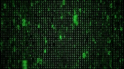 Abstract digital rain effect with falling green numbers on a dark background screen saver style