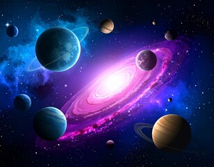colorful cosmic galaxy with planets and stars in deep space, deep space, galaxy
