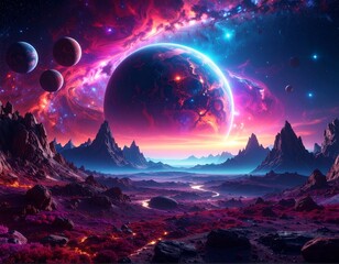 colorful cosmic galaxy with planets and stars in deep space, deep space, galaxy