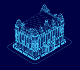 Poster - A 3D model of a London house with intricate contours, composed of various geometric shapes and sizes. The unique architectural design stands out against a solid blue background.