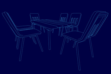 Poster - A rectangular table with four contour chairs arranged around it on a vibrant blue background. The stark white outlines of the furniture contrast sharply against the bold blue.