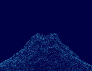Poster - A blue polygonal mountain with intricate wireframe details stands against a dark blue background. The geometric design resembles a stylized volcano, featuring sharp angles and interconnected lines.