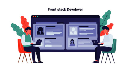 Two developers working on a large computer screen displaying user profiles and code.