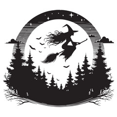 black flying witch in forest silhouette vector, high quality illustration on white background