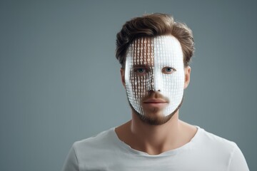Modern man with binary code face, digital identity concept for AI, security, and tech innovation
