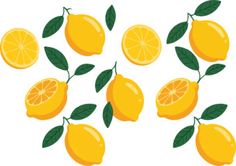Fresh Lemons Seamless Pattern Design. Hand Drawn Colorful Background with Citrus Fruits and Leaves. Flat Cartoon Vector Illustration.