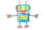 Kids drawing of a smiling robot with buttons and arms raised, crayon and pencil on white