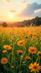 Wall Mural - Golden hour sunlight bathes a vast field of wildflowers and tall grasses, creating a picturesque summer landscape Perfect for travel, nature, and seasonal themes , grasses, tranquility