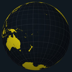Poster - Kingdom of Tonga on Globe. Country view on the world map in Charcoal Bright Yellow color palette. Tonga shape on map. Globe with meridians, parallels, countries, rivers and lakes.