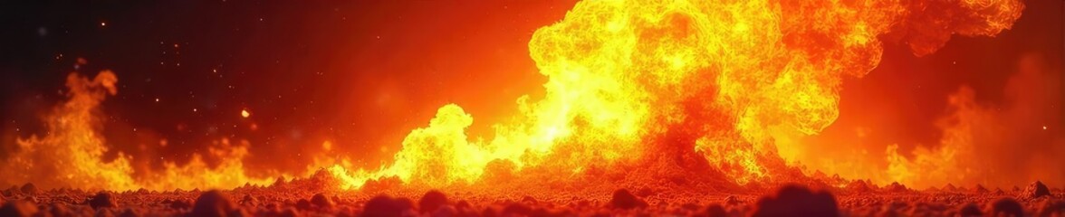 Wall Mural - fiery explosion of flames bursting outwards, intense heat and bright orange, yellow, and red colors 